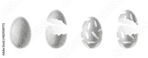 Easter eggs with gradient from dots. Set vector of Eggs with black dotwork grain texture. Decorative eggs with abstract stipple sand effect isolated on white background.