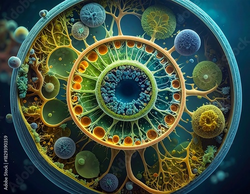 An artistic visualization of cellular structures resembling a cross-section of an eye, biological theme