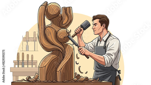 Craftsman sculpts wooden statue with chisel and mallet in his workshop studio. Concept for woodworking, art creation and craftsmanship