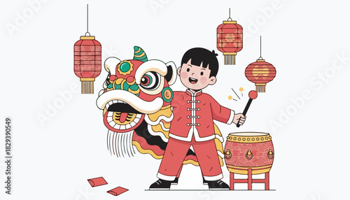 A young boy in traditional red clothing plays a drum next to a lion dance head, surrounded by hanging red lanterns.