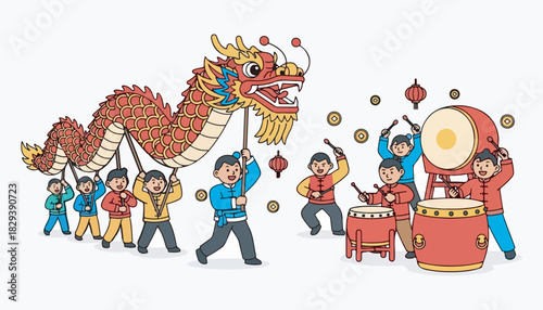 A vibrant illustration depicting a traditional Chinese dragon dance performance with musicians and performers.