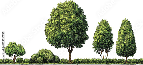 Diverse green trees and bushes with textured foliage on white background plant