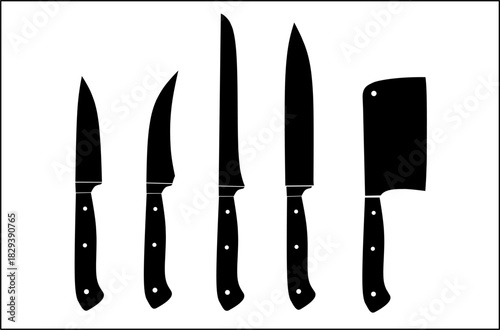 Silhouette vector set of five kitchen knives for cooking tools, culinary graphics, food industry icons, and utensil illustrations. Clean black shapes isolated on white background.
