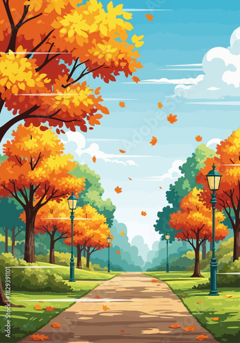 Vibrant autumn park scene with a winding path, colorful trees, falling leaves, green grass, and lampposts under a bright blue sky.