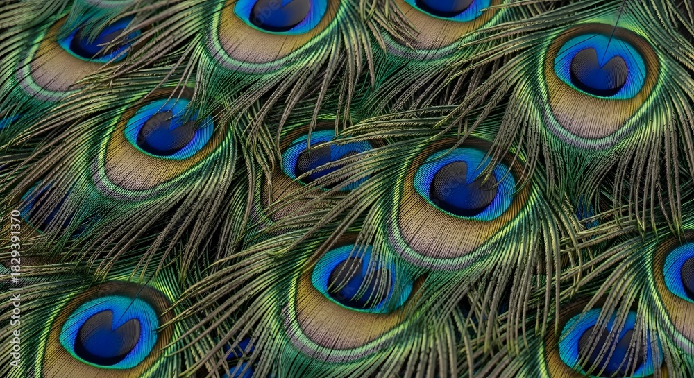 Fototapeta premium Closeup image of peacock feathers iridescent with blue and green
