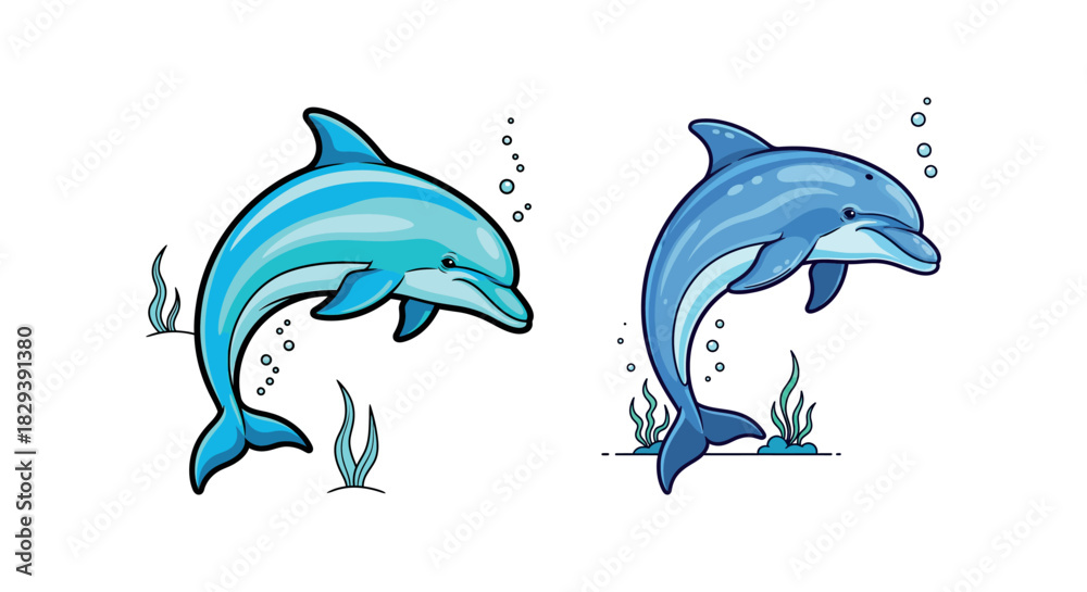 Fototapeta premium Two playful dolphins swimming together in a vibrant ocean environment with aquatic plants and bubbles