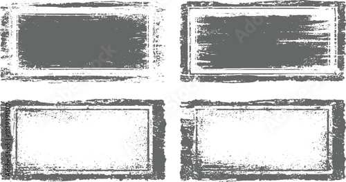 Four distressed rectangular frames with grunge textures and solid gray centers border rectangle