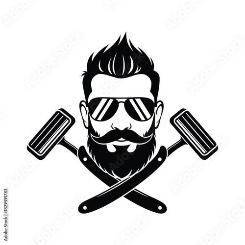 Black silhouette of a man with beard sunglasses and crossed straight razors white