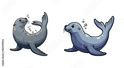 Two adorable cartoon seals joyfully swimming and playing with bubbles in a delightful, whimsical illustration, capturing their playful nature and marine habitat