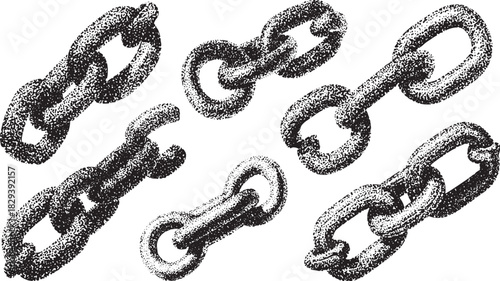 Six black metal chain links arranged in a scattered pattern on a white background vector