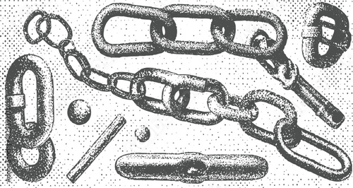 Collection of dark gray metal chains and hardware elements on a stippled white background link connection