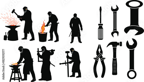 Blacksmith working with tools, metal forging silhouettes, craftsman hammering steel, industrial workshop illustration, hand tools set, traditional metalworking process artwork