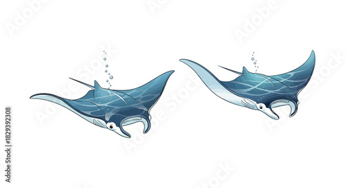Captivating illustration of two graceful blue manta rays swimming elegantly in a vibrant underwater world, showcasing marine animal beauty and ocean life