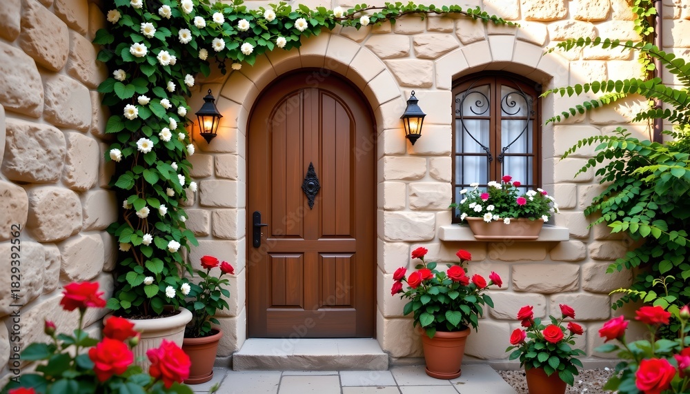 Fototapeta premium Charming Rustic Courtyard Entrance Bright Daylight