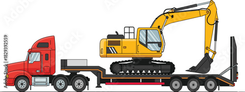 Illustration of excavator loaded on heavy transport truck trailer for construction equipment hauling, industrial machinery transport, logistics, engineering, and road work operations