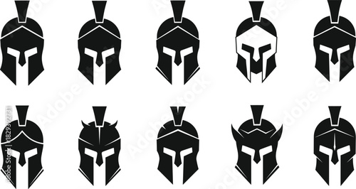 Ancient warrior helmet silhouette set, historical armor icons, battle gear designs, black white vector graphic, cad drawing flat vector illustration