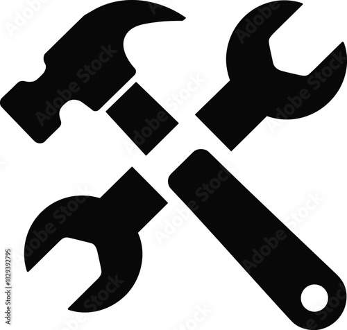 Silhouette of crossed hammer and wrench tools representing repair, construction, maintenance, fixing, hardware equipment and service icon for industry design