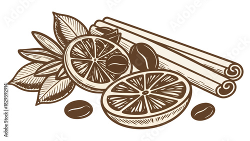 Hand-drawn Dried Orange Slices, Cinnamon, and Coffee Beans Vector, A hand-drawn vintage engraving illustration of dried orange slices, cinnamon sticks with star anise, and scattered coffee beans.