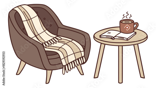 Cozy Armchair with Blanket, Coffee, and Book Vector,  A cozy hand-drawn illustration of an armchair with a plaid blanket, next to a small table with an open book and a steaming mug.
