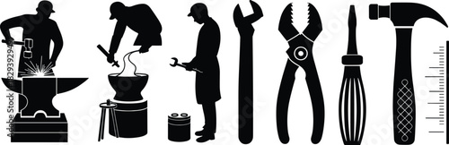 Silhouette set of blacksmith workers forging metal with hand tools, workshop equipment, hammering process, craftsmanship, industry tools and repair instruments