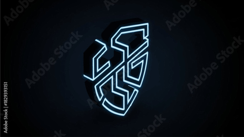 3D neon wireframe shield logo on dark background