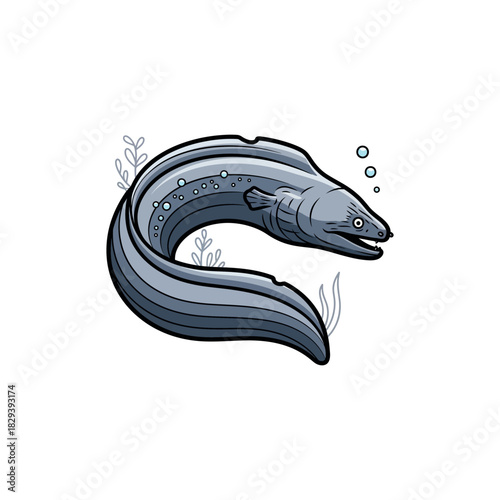 Illustration of a Moray Eel swimming in clear water with bubbles and aquatic plants