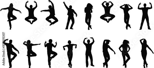 Dance silhouette collection, expressive body poses, movement art icons, black white vector set, cad drawing flat vector illustration