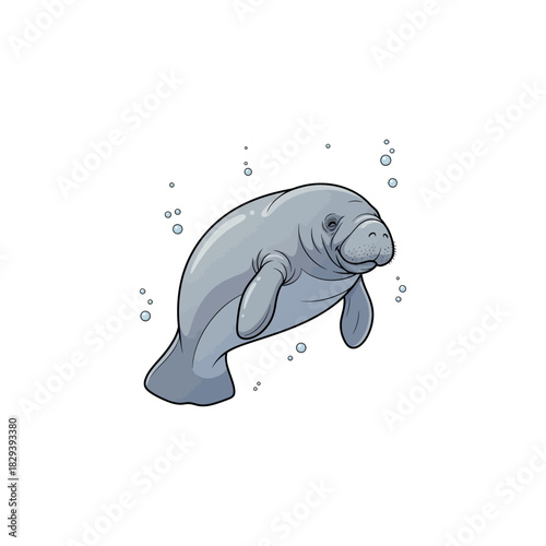 Adorable Cartoon Manatee Illustration Swimming Gracefully Underwater with Bubbles - Cute Marine Mammal for Nature and Wildlife Concepts