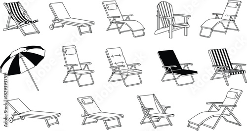 Outdoor lounge chair silhouette set, beach umbrella icon, patio furniture collection, black white vector graphic, cad drawing flat vector illustration