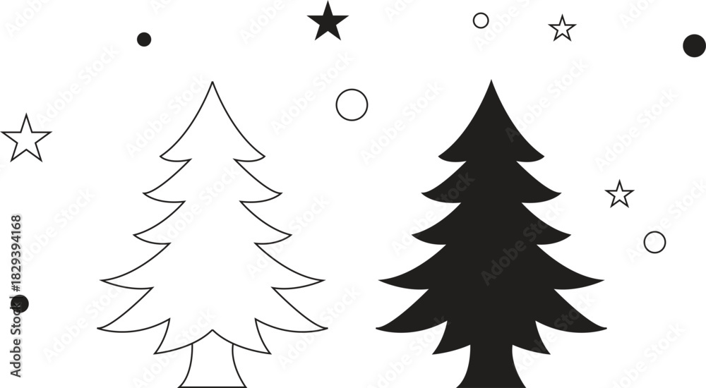 Obraz premium Christmas Tree Vector Icons: Outline and Silhouette Styles