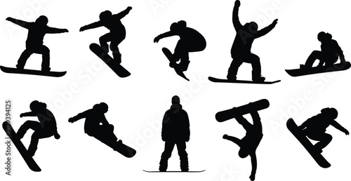 Snowboarder silhouette collection, dynamic trick poses, winter sport action icons, black white vector set, cad drawing flat vector illustration