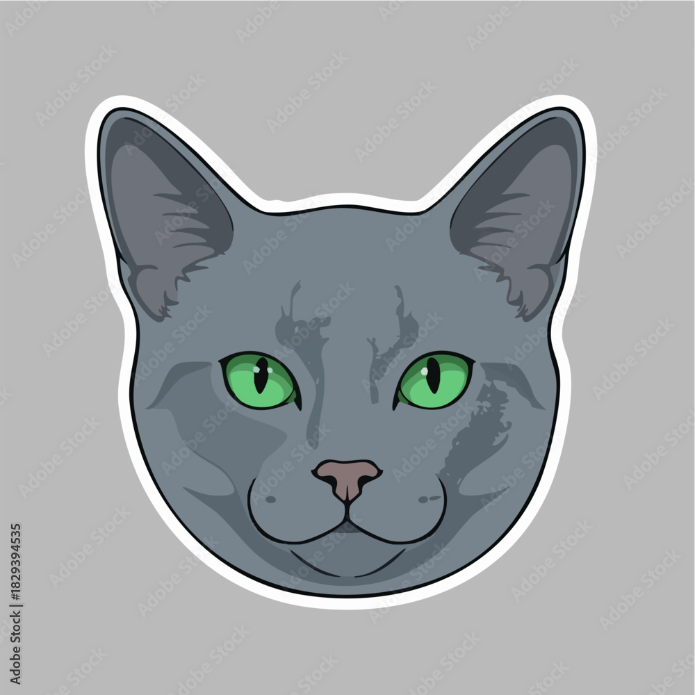 Obraz premium Vector illustration of gray cat face with bright green eyes