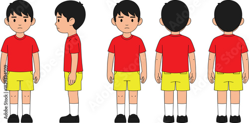 Cartoon Boy Character Illustration in Five Angles Including Front, Side, and Back Views for Animation and Design UseCartoon