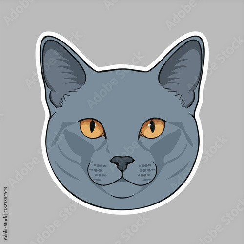 Graphic Portrait of a Grey Blue Cat Head Vector Sticker Icon