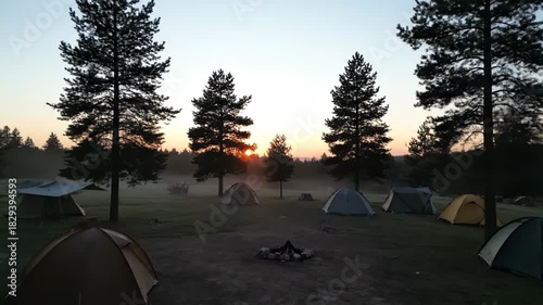 Peaceful campsite landscape with tents in pine forest during sunrise mist