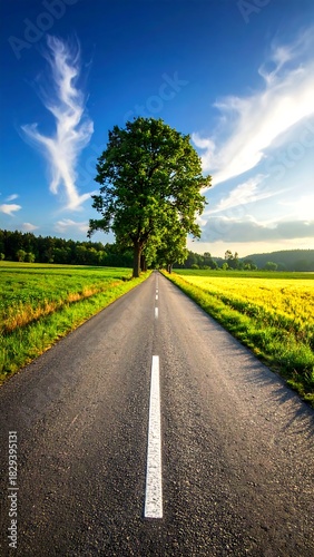 An asphalt road leads towards a single tree, beneath a clear blue sky, grassy fields alongside