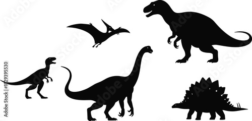 Dinosaur silhouettes, prehistoric creatures, Velociraptor, Pteranodon, Brachiosaurus, T-Rex, Stegosaurus, black vector, fossil illustration, ancient animal icons