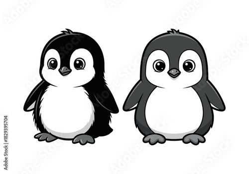 Two Adorable Penguin Chicks Black and White Cartoon Illustration