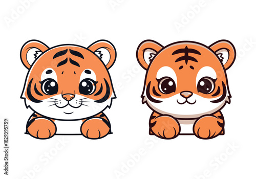 Cute cartoon tiger faces with big innocent eyes, perfect for children's themes and designs