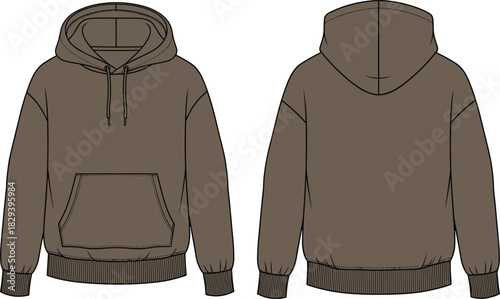 Front and Back Technical Drawing of Brown Hooded Sweatshirt with Kangaroo Pocket and Drawstring for Fashion and Apparel Design