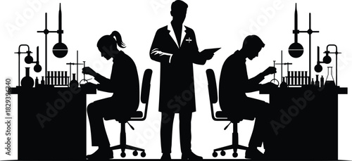 Laboratory research silhouettes, scientists at work, lab equipment, chemistry icons, black vector, science illustration, academic collaboration
