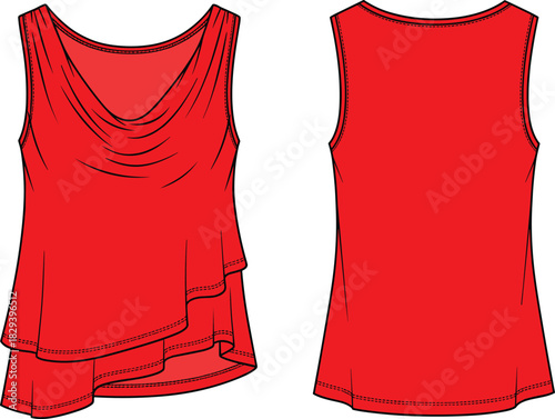 Red sleeveless top, draped cowl neckline, asymmetrical hem, front and back view, fashion illustration, garment design, clothing vector