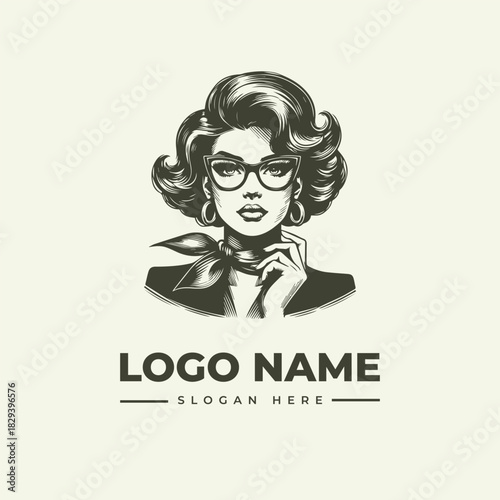 Vector illustration of an engraved retro woman with glasses, logo design, in EPS format