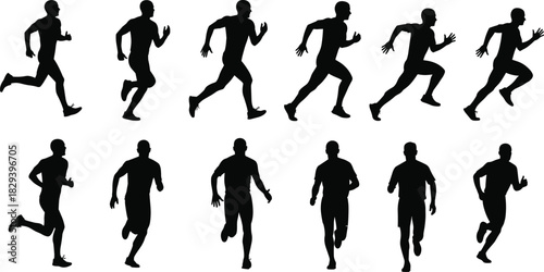Silhouette Illustration of Human Running Cycle in Side and Front Views Showing Twelve Motion Stages for Sports and Animation Use