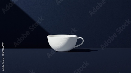 A white coffee cup sits on a dark blue surface.