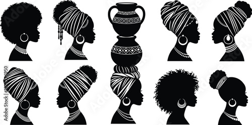 Silhouette Illustration of Ten Women with African Headwraps, Jewelry, and Central Pot Motif Celebrating Cultural Elegance and Heritage