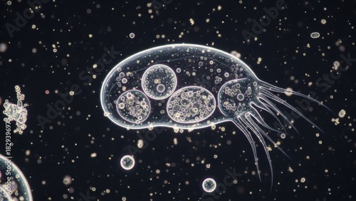 Microscopic unicellular organism, a ciliate under high magnification, with visible internal