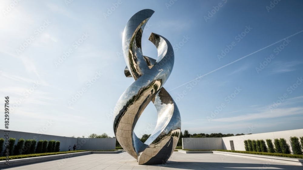 Naklejka premium Monumental metallic sculpture against a bright blue sky, symbolizing innovation and modern design