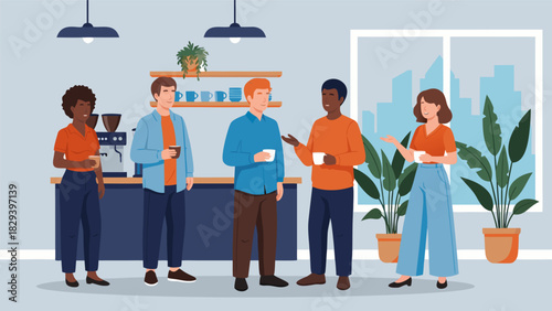 Diverse Group of People Enjoying Coffee in a Modern Cafe Setting, Conversing and Relaxing