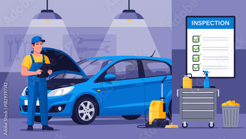 Professional auto mechanic in uniform conducting a vehicle inspection with a checklist in a modern car repair shop e